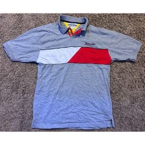 Vintage 90s Hilfiger Athletics Grey Cotton Polo Shirt Spell Out Tommy Flag M